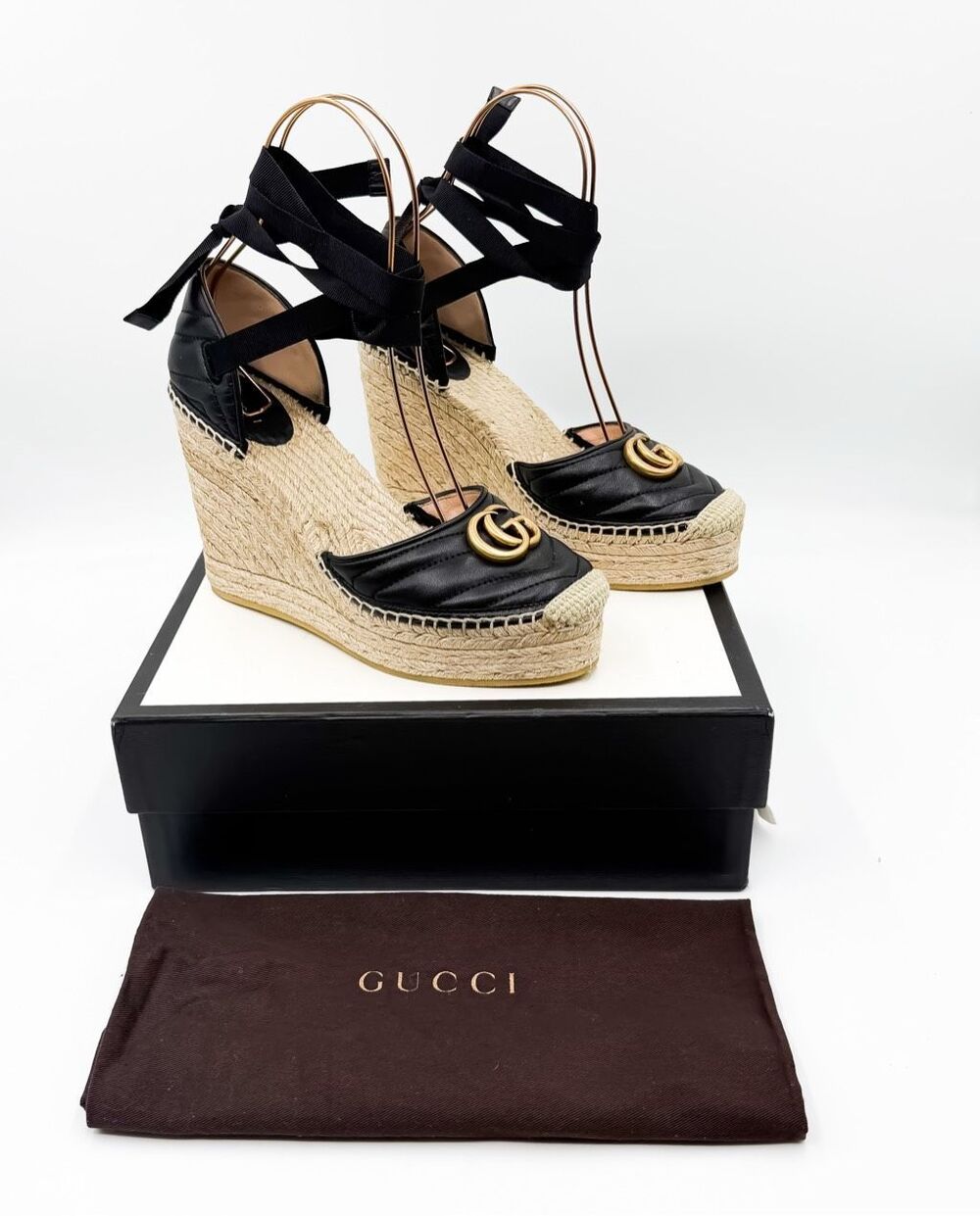 Gucci GG Marmont Quilted Platform Espadrille Wedges Ankle Wrap Sandals
